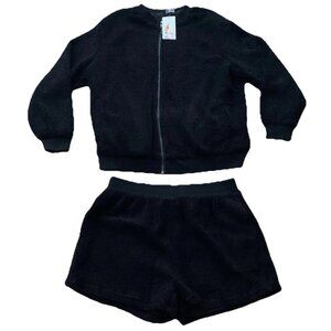 New XL Pretty Garden Chic Comfy Fleece Jacket Short Set Black Women’s